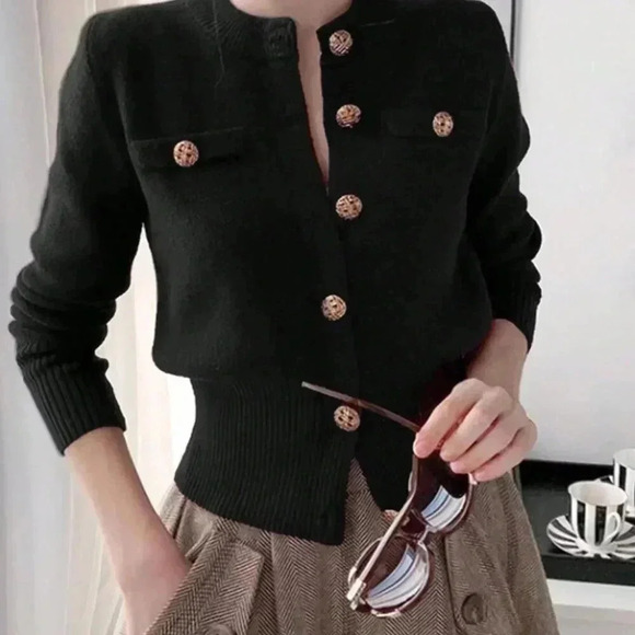 Black Casual Women's Long Sleeve Knit Ribbed Button Round Neck Cardigan - Picture 4 of 5